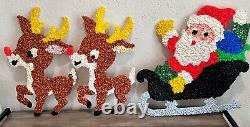 Vintage Christmas Decoration Melted Plastic Popcorn Santa w Sleigh & 2 Reindeers