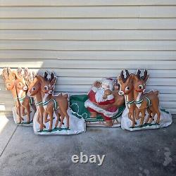 Vintage Christmas Flat Back Blow Mold Lot of 4 Santa on Sleigh Reindeer RARE