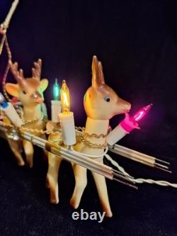 Vintage Christmas Japanese Santa with Reindeers & Sleigh Electric RARE 1960s