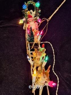 Vintage Christmas Japanese Santa with Reindeers & Sleigh Electric RARE 1960s