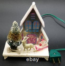 Vintage Christmas Putz Glass Lighted House Celluloid Santa Sleigh Reindeer Japan