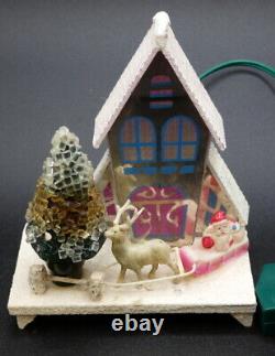 Vintage Christmas Putz Glass Lighted House Celluloid Santa Sleigh Reindeer Japan
