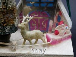 Vintage Christmas Putz Glass Lighted House Celluloid Santa Sleigh Reindeer Japan