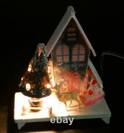Vintage Christmas Putz Lighted Glass House Celluloid Santa Sleigh Reindeer Japan