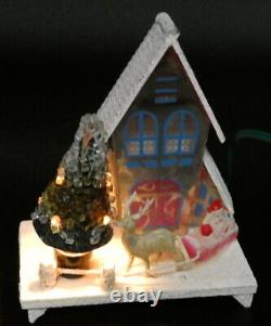 Vintage Christmas Putz Lighted Glass House Celluloid Santa Sleigh Reindeer Japan