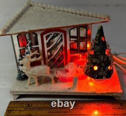 Vintage Christmas Putz Lighted House Celluloid Santa Sleigh Reindeer Japan