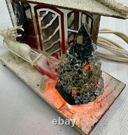 Vintage Christmas Putz Lighted House Celluloid Santa Sleigh Reindeer Japan