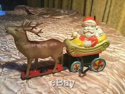 Vintage Christmas SANTA on SLEIGH REINDEER Celluloid & Tin Japan WIND UP TOY