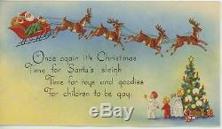Vintage Christmas Santa Claus Sleigh Reindeer Deer Tree Presents Card Art Print