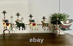 Vintage Christmas Santa Reindeer Sleigh Metal Hand Painted 32 Candelabra
