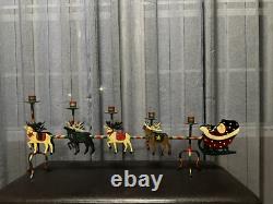 Vintage Christmas Santa Reindeer Sleigh Metal Hand Painted 32 Candelabra