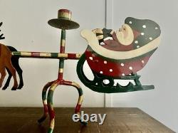 Vintage Christmas Santa Reindeer Sleigh Metal Hand Painted 32 Candelabra