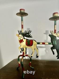 Vintage Christmas Santa Reindeer Sleigh Metal Hand Painted 32 Candelabra