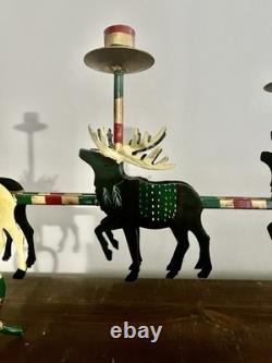 Vintage Christmas Santa Reindeer Sleigh Metal Hand Painted 32 Candelabra