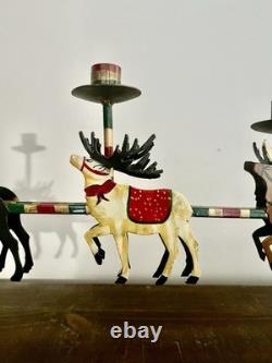 Vintage Christmas Santa Reindeer Sleigh Metal Hand Painted 32 Candelabra
