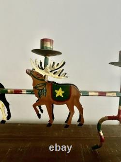 Vintage Christmas Santa Reindeer Sleigh Metal Hand Painted 32 Candelabra