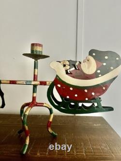 Vintage Christmas Santa Reindeer Sleigh Metal Hand Painted 32 Candelabra