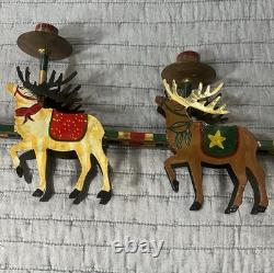Vintage Christmas Santa Reindeer Sleigh Metal Hand Painted 32 Candelabra