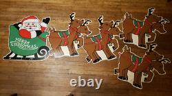 Vintage Christmas Santa Sleigh Reindeer Plastic Yard Sign Art