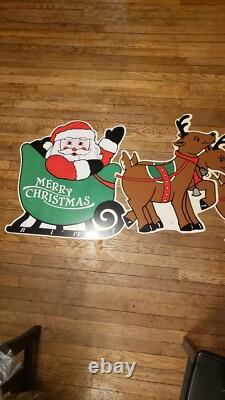 Vintage Christmas Santa Sleigh Reindeer Plastic Yard Sign Art