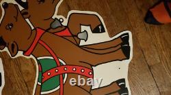 Vintage Christmas Santa Sleigh Reindeer Plastic Yard Sign Art