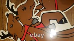 Vintage Christmas Santa Sleigh Reindeer Plastic Yard Sign Art