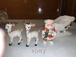 Vintage Christmas Speghetti Santa, Sleigh And Reindeer Porcelain Ceramic Japan