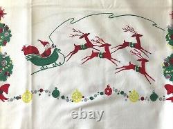 Vintage Christmas Tablecloth Santa Sleigh Reindeer MCM Cute