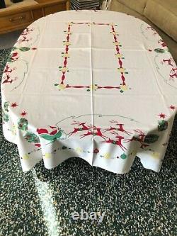 Vintage Christmas Tablecloth Santa Sleigh Reindeer MCM Cute