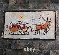 Vintage Christmas Throw Rug Santa in Sleigh Reindeer Woven Cotton 21.5 x 39 in