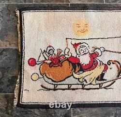 Vintage Christmas Throw Rug Santa in Sleigh Reindeer Woven Cotton 21.5 x 39 in