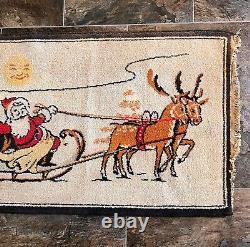 Vintage Christmas Throw Rug Santa in Sleigh Reindeer Woven Cotton 21.5 x 39 in