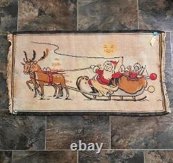 Vintage Christmas Throw Rug Santa in Sleigh Reindeer Woven Cotton 21.5 x 39 in