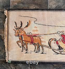 Vintage Christmas Throw Rug Santa in Sleigh Reindeer Woven Cotton 21.5 x 39 in
