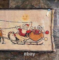 Vintage Christmas Throw Rug Santa in Sleigh Reindeer Woven Cotton 21.5 x 39 in