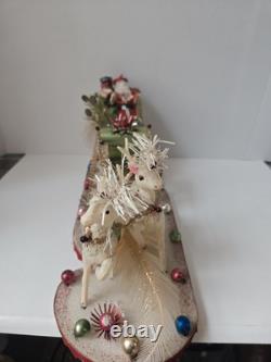 Vintage Christmas styrofoam decoration sleigh Santa Claus reindeer 7 1/2x17