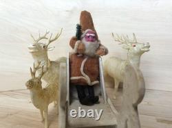 Vintage Clay Face Belsnickle Santa withBag, Sleigh, & Reindeer