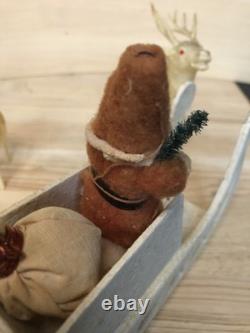 Vintage Clay Face Belsnickle Santa withBag, Sleigh, & Reindeer