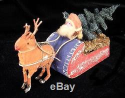 Vintage Clay Faced Santa Claus in Sleigh & Reindeer 1920s Japan CANDY CONTAINER