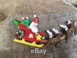 Vintage Emgee Hawaii 1979 Wooden Santa in Sleigh Reindeer Christmas Ornament