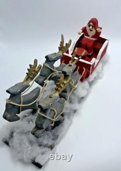 Vintage Folk Art Santa Sleigh Reindeer Primitive Carved Wood Ted Oeffler Rare