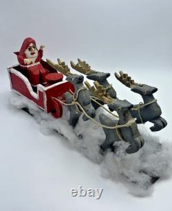 Vintage Folk Art Santa Sleigh Reindeer Primitive Carved Wood Ted Oeffler Rare