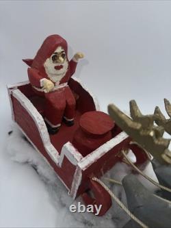 Vintage Folk Art Santa Sleigh Reindeer Primitive Carved Wood Ted Oeffler Rare