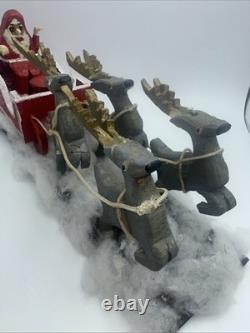 Vintage Folk Art Santa Sleigh Reindeer Primitive Carved Wood Ted Oeffler Rare