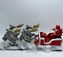Vintage Folk Art Santa Sleigh Reindeer Primitive Carved Wood Ted Oeffler Rare