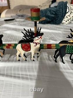 Vintage Free Standing Hand Painted Metal Santa 4 Reindeer 5 Candle Holder 31