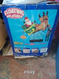 Vintage Gemmy 8' Santa On Sleigh W Reindeer Lit Floating Airblown Inflatable