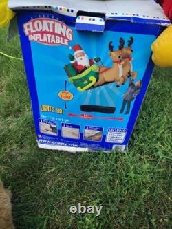 Vintage Gemmy 8' Santa On Sleigh W Reindeer Lit Floating Airblown Inflatable