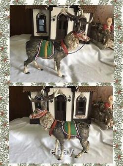 Vintage German Clockwork Nodder Reindeer With Santa And Sleigh