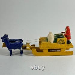 Vintage German Erzgebirge Wood Putz MINIATURE Santa Sleigh Reindeer Early 20th C